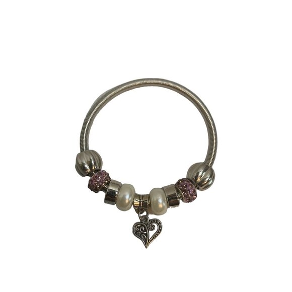 Silver Tone Charm Bracelet Heart Pendant Pink rhinestone Faux Pearl Beads Gift - Picture 3 of 4